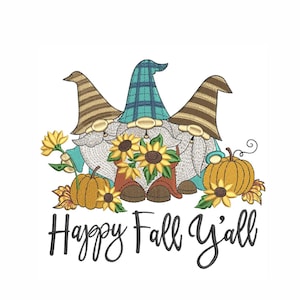 Happy Fall Y&#39;all Gnomes Embroidery Design – Autumn Pumpkin and Sunflower Machine Embroidery.