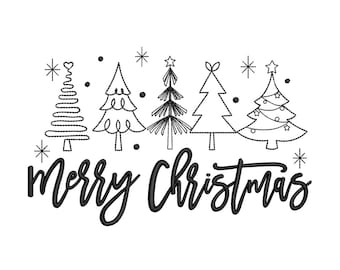 Könnte beinhalten: Schwarz-weiß-Illustration von fünf stilisierten Weihnachtsbäumen mit dem Text "Merry Christmas" darunter.
