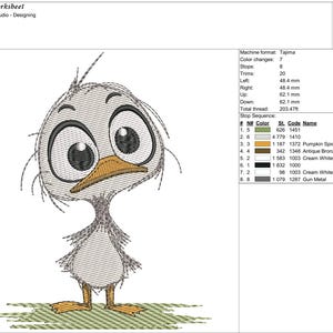 May include: An embroidered design of a cartoon duckling with large, expressive eyes and a slightly worried expression. The duckling is primarily gray with a yellow beak and feet, standing on a patch of green. The design is labeled "duck3".