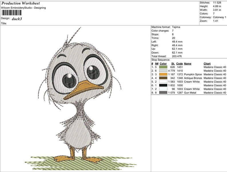 May include: An embroidered design of a cartoon duckling with large, expressive eyes and a slightly worried expression. The duckling is primarily gray with a yellow beak and feet, standing on a patch of green. The design is labeled "duck3".