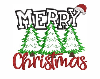 May include: Merry Christmas text in black with a red Santa hat on the right side of the text. Three green Christmas trees are below the text with the word Christmas in red cursive below the trees.