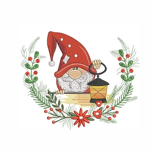 May include: A red and white gnome holding a lantern, surrounded by a green wreath with red berries and flowers.