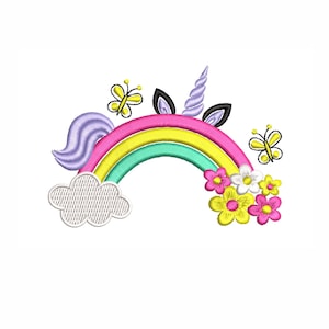 May include: Embroidered design featuring a rainbow with a unicorn horn, ears, and a flowing mane. The rainbow is in shades of pink, yellow, and teal. Butterflies and flowers in pink, yellow, and white complete the design.