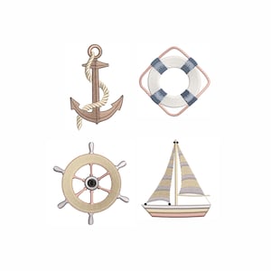 May include: Four nautical-themed embroidered designs on a white background. The designs include a brown anchor with rope, a white and blue life preserver, a ship's wheel, and a sailboat with beige and pink accents.