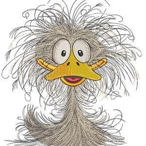 May include: A cartoon illustration of a gray and yellow bird with a large, fluffy head of feathers. The bird has large, round eyes and a wide, open beak.