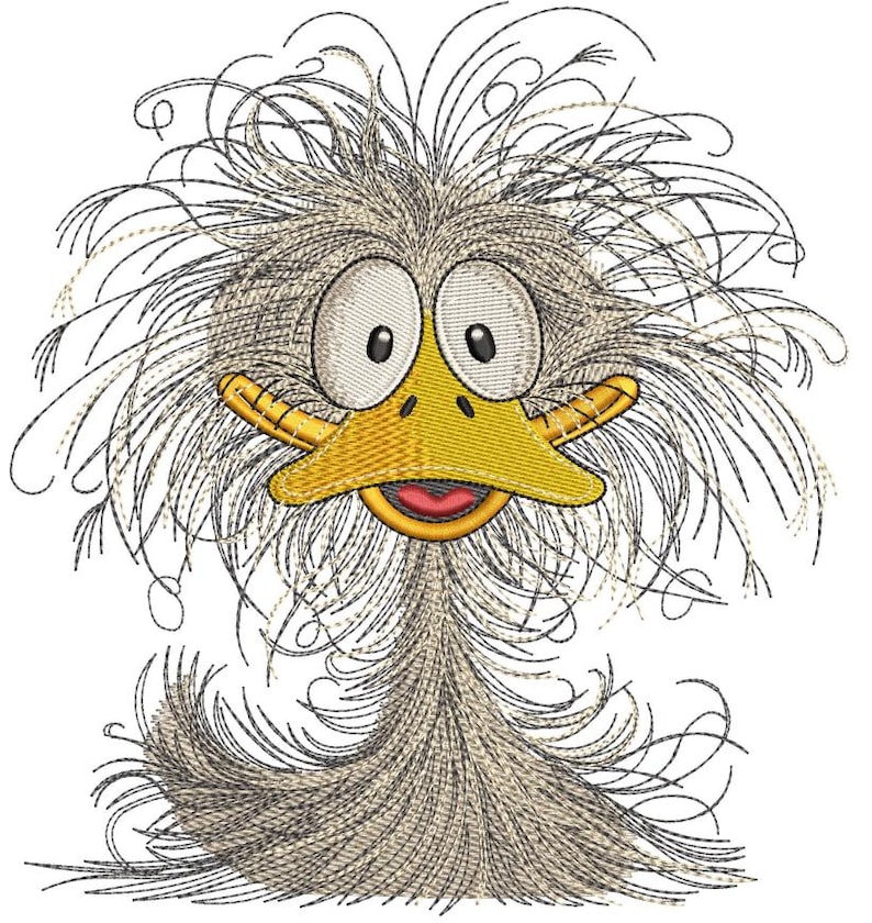 May include: A cartoon illustration of a gray and yellow bird with a large, fluffy head of feathers. The bird has large, round eyes and a wide, open beak.
