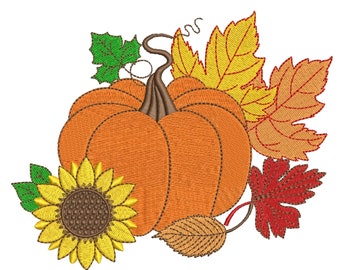 Fall Pumpkin Embroidery Design: Sunflower and Leaves (Digital Download)