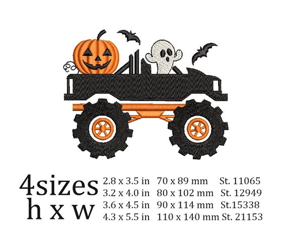Truck With A Pumpkin And A Little Ghost Embroidery Design, Autumn.