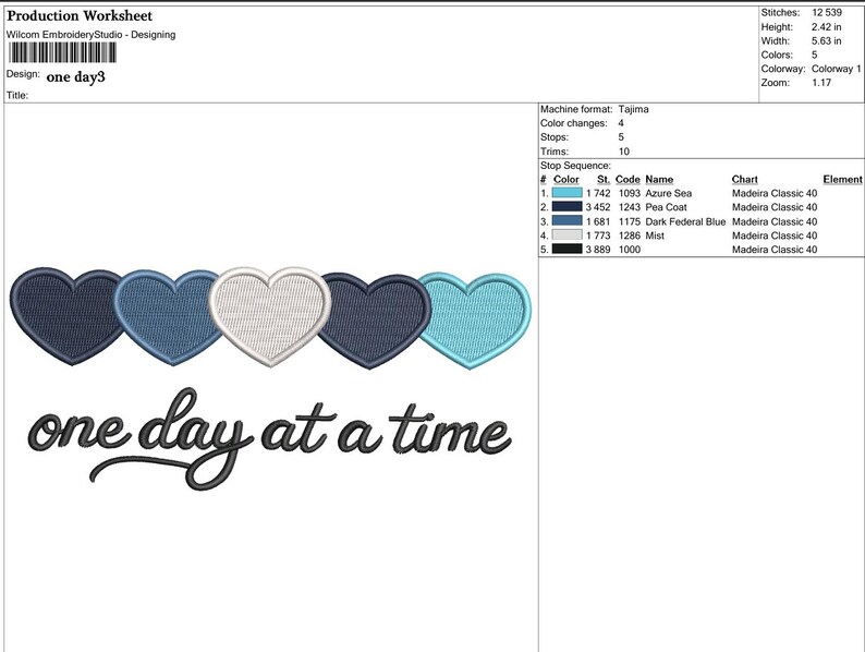 K&ouml;nnte beinhalten: Ein Stickdesign mit f&uuml;nf Herzen in Blau- und Wei&szlig;t&ouml;nen und dem Schriftzug "one day at a time". Das Design ist 14,3 cm breit und 6,1 cm hoch. Geeignet f&uuml;r Stickprojekte.