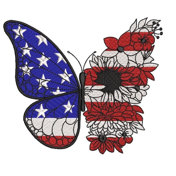 Butterfly USA flag embroidery design, Independence Day, 4 sizes, instant download.