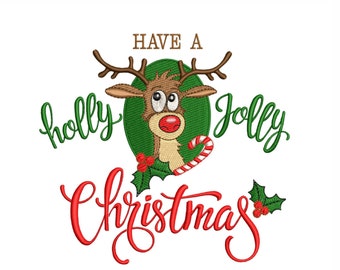 May include: Have a holly jolly Christmas with this festive embroidery design featuring a cartoon reindeer with a candy cane, holly, and the text "Have a holly jolly Christmas".