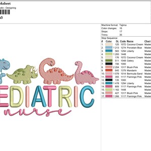 Puede incluir: Un dise&ntilde;o de bordado con dinosaurios coloridos sobre las palabras "PEDIATRIC nurse". El dise&ntilde;o incluye un dinosaurio azul, verde, rosa y naranja. El texto est&aacute; en una fuente l&uacute;dica y multicolor, adecuada para la atenci&oacute;n m&eacute;dica infantil.