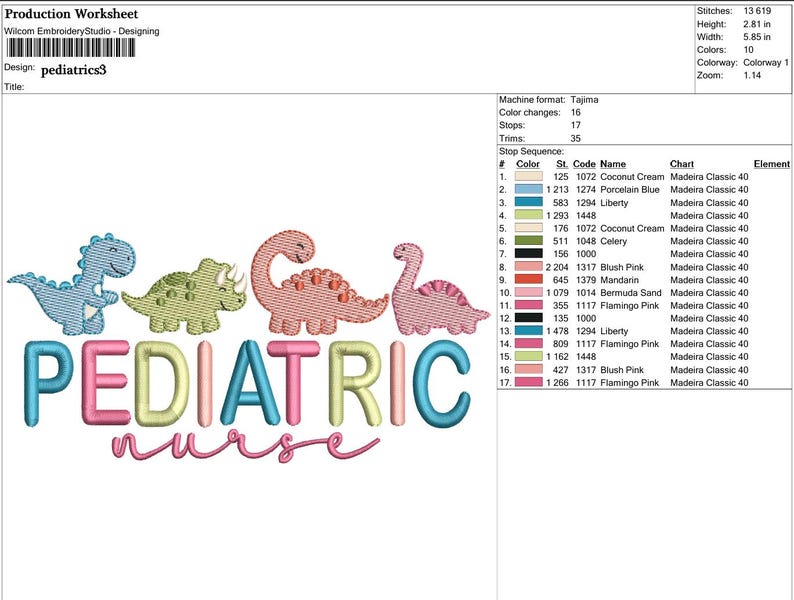 Puede incluir: Un dise&ntilde;o de bordado con dinosaurios coloridos sobre las palabras "PEDIATRIC nurse". El dise&ntilde;o incluye un dinosaurio azul, verde, rosa y naranja. El texto est&aacute; en una fuente l&uacute;dica y multicolor, adecuada para la atenci&oacute;n m&eacute;dica infantil.