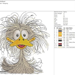 May include: Embroidered design of a cartoon duck with a yellow beak and gray feathers. The design is titled "duck4" and includes 8 colors. The design is 6.90 inches tall and 6.32 inches wide.