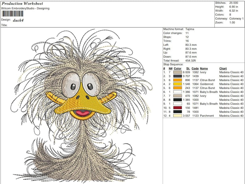 May include: Embroidered design of a cartoon duck with a yellow beak and gray feathers. The design is titled "duck4" and includes 8 colors. The design is 6.90 inches tall and 6.32 inches wide.