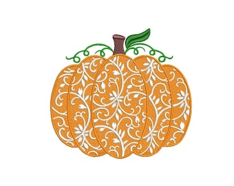 花柄カボチャの刺繍デザイン：秋の感謝祭（即時ダウンロード）