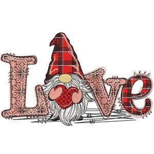 Motif de broderie Love Gnome : fichier Saint-Valentin (5 tailles) (téléchargement numérique)