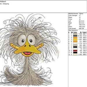 May include: A colorful embroidery design of a cartoon duck with a yellow beak and large eyes. The design is titled "duck5" and includes 8 colors and 29,254 stitches.