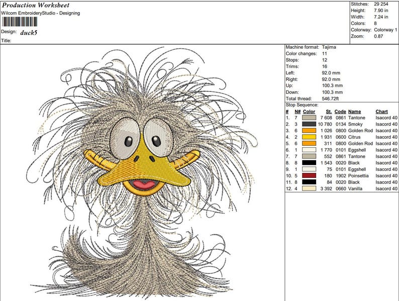 May include: A colorful embroidery design of a cartoon duck with a yellow beak and large eyes. The design is titled "duck5" and includes 8 colors and 29,254 stitches.