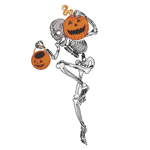 May include: A skeleton holding a jack-o'-lantern in one hand and a trick-or-treat bag in the other. The skeleton is wearing a black and white striped shirt and black pants.