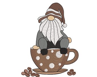 Coffee gnome embroidery design, 4 sizes.