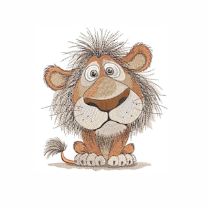 Puede incluir: Ilustración de un león de dibujos animados con una expresión amigable. El león tiene una melena, orejas y cuerpo marrones, con un hocico marrón claro y ojos grandes y expresivos. El león está sentado con la cola enroscada.