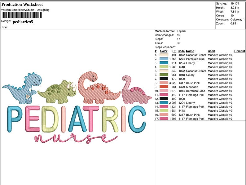 Puede incluir: Un dise&ntilde;o de bordado con dinosaurios coloridos sobre las palabras "PEDIATRIC NURSE". El texto y los dinosaurios son en tonos de azul, verde, rosa y amarillo. El dise&ntilde;o es para un profesional m&eacute;dico.