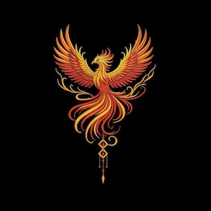 Könnte beinhalten: Gesticktes Phönix-Design in Gelb, Orange und Rot auf schwarzem Hintergrund. Der mythische Vogel hat ausgebreitete Flügel und einen fließenden Schwanz, mit dekorativen Elementen darunter. Das Design ist detailliert und lebendig, geeignet für Kleidung oder Heimdekoration.