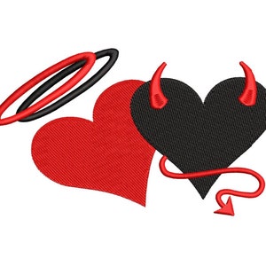Angel and Devil Heart Machine Embroidery Design, 4 sizes, instant download.