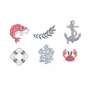 May include: Embroidered nautical-themed designs including a pink shrimp, a blue-green leaf sprig, a blue anchor with rope, a life preserver, a coral design, and a red crab. These designs are perfect for marine-themed crafts.