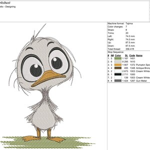 May include: An embroidered design of a cartoon duck with large eyes and a quizzical expression. The duck is primarily white with a yellow beak and feet, and is standing on a green striped surface. The design is labeled "duck5".