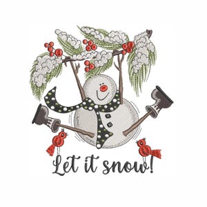May include: Embroidered design featuring a snowman with a black and white polka dot scarf, holding onto a snow-covered branch with red berries. Two red birds are on either side of the snowman. The text "Let it snow!" is below the snowman.