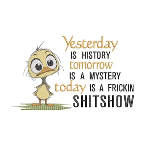 May include: A cartoon chick with a concerned expression stands on a patch of green. Text in gold and black reads: "Yesterday is history, tomorrow is a mystery, today is a frickin shitshow."
