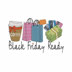 Op de afbeelding: Black Friday Ready illustratie met een kopje koffie, twee boodschappentassen, een stapel geld en creditcards. De boodschappentassen hebben een sale-label en het geld heeft biljetten van €100.