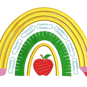 May include: A rainbow made of three yellow pencils with pink erasers, a green protractor, and blue paper clips. A red apple with a green stem and leaf is in the center.