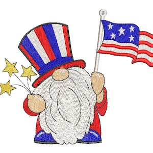 Diseño de bordado patriótico de gnomo del 4 de julio, 5 tamaños.