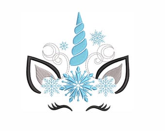 Borduurontwerp kerst winter eenhoorn – sneeuwvlok eenhoorn in 6 maten.