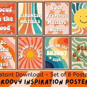 Groovy Inspirational Class (Set of 8) Printable Posters, Digital Downloads Classroom Decor, Boho Elementary Classroom, Groovy Bulletin board