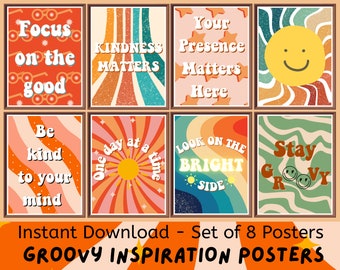 Groovy Inspirational Class (Set om 8) Utskrivbara Posters, Digitala Nedladdningar Klassrumsdekor, Boho Elementary Classroom, Groovy Anslagstavla