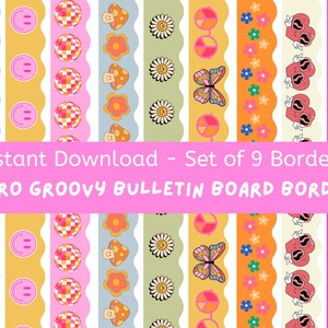 Classroom Retro Groovy Bulletin Board Borders (Set of 9), Retro Groovy Classroom Decor, Teacher Decor, Digital Download, Printable