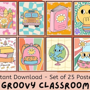 Groovy Classroom Supplies (Set of 25) Instant Digital Download Posters, Groovy Decor, Printable Posters, Groovy Retro Bulletin Board Posters