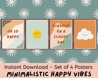 Minimalistische glückliche positive Vibes (4er-Set) druckbare Poster, digitale Downloads Klassenzimmerdekor, Boho Grundschule, Groovy Pinnwand