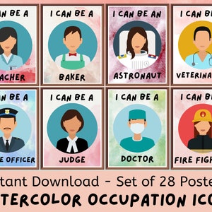 Watercolor Occupation Icon (Set of 28 Printable Posters), Inspirational Classroom Posters, Empowered Jobs, Office Decor, Bulletin board set