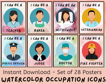 Icône d'occupation à l'aquarelle (ensemble de 28 affiches imprimables), affiches de classe inspirantes, emplois autonomes, décor de bureau, ensemble de babillards