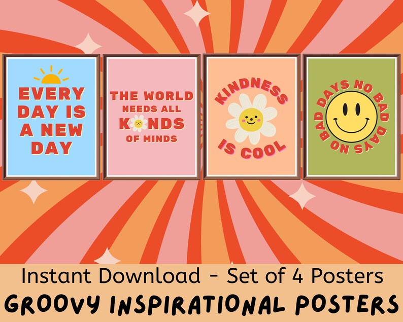 Groovy inspirerande klassrum (set om 4) affischer, digitala nedladdningar, klassrumsdekor, boho elementärt klassrum, anslagstavla för dagis bild 1