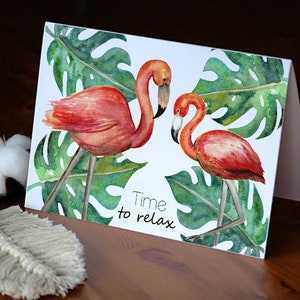 Cartões de felicitações para imprimir, Flamingo, Hora de relaxar, cartão dobrável, dois tamanhos diferentes, download DIGITAL, cartão postal em aquarela, dizendo