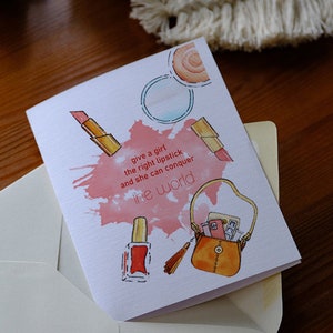 Cartes à imprimer, carte pliante, deux tailles différentes, téléchargement NUMÉRIQUE, carte postale aquarelle, fille, rouge à lèvres, monde