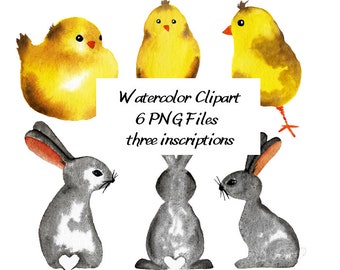 Watercolor easter motifs, bunny png, easter png watercolor, happy easter in watercolor, rabbit clipart