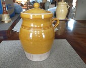 Vintage Rowe Pottery Stoneware Kitchen Canister With Lid One Handle Crackle Glaze Dark Mustard Colored