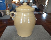 Vintage Rowe Pottery Stoneware Kitchen Canister With Lid One Handle Crackle Glaze Mustard Colored